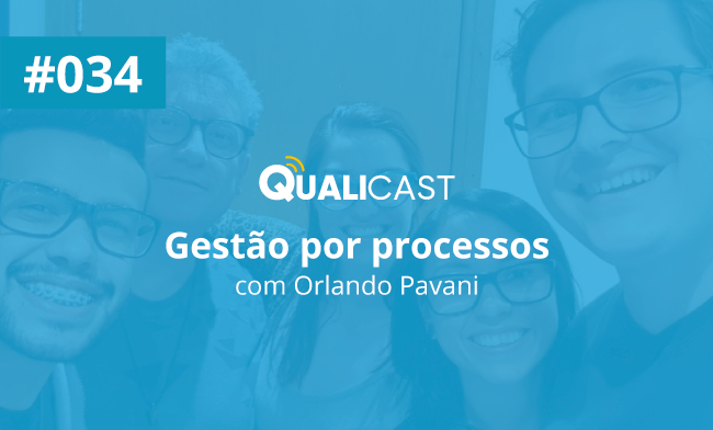 Imagem com os integrantes do Qualicast 34 - Gestão por processos - com o logo do site e o nome em letras brancas.